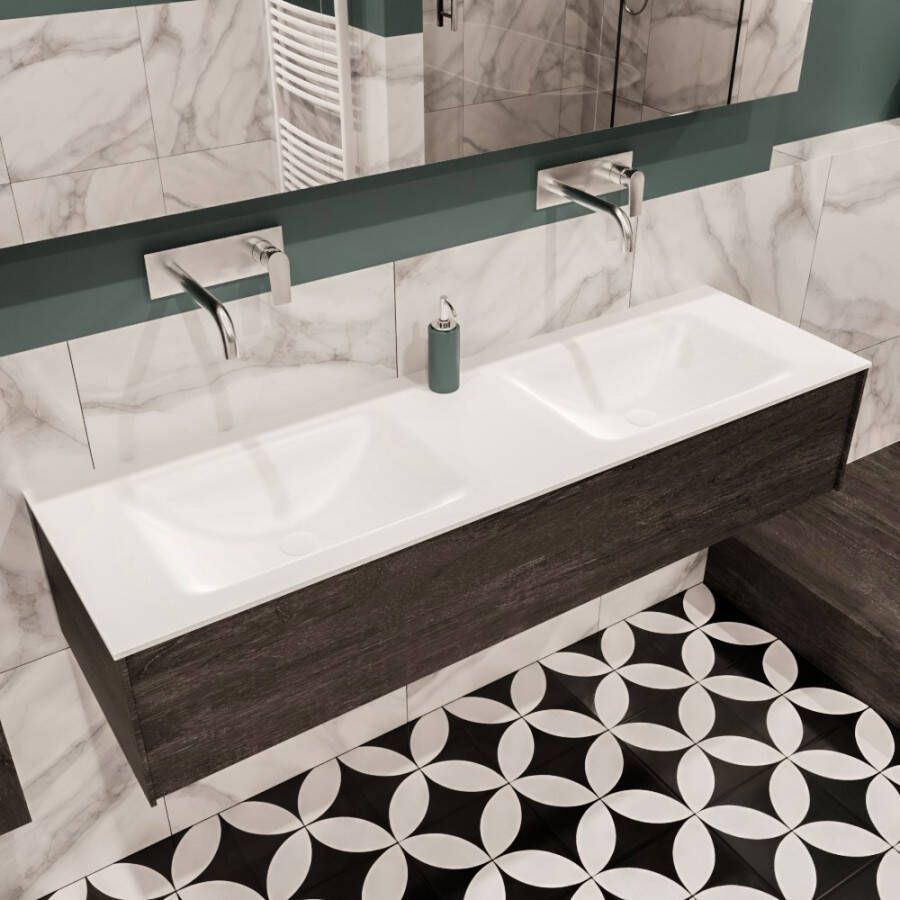 Zaro Lush onderkast 150cm in kleur DARK BROWN met 1 lade Push tot open geschikt voor dubbele wastafel. Compleet met solid surface wastafel cloud M35219met 0 kraangat(en) - Foto 2