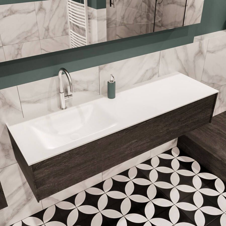 Zaro Lush onderkast 150cm in kleur DARK BROWN met 1 lade Push tot open geschikt voor linkse wastafel. Compleet met solid surface wastafel cloud M35217met 1 kraangat(en)