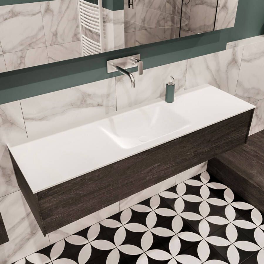 Zaro Lush onderkast 150cm in kleur DARK BROWN met 1 lade Push tot open geschikt voor gecentreerde wastafel. Compleet met solid surface wastafel cloud M35216met 0 kraangat(en) - Foto 2