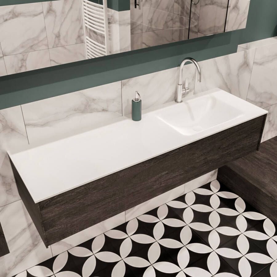 Zaro Lush onderkast 150cm in kleur DARK BROWN met 1 lade Push tot open geschikt voor rechtse wastafel. Compleet met solid surface wastafel cloud M35218met 1 kraangat(en) - Foto 2