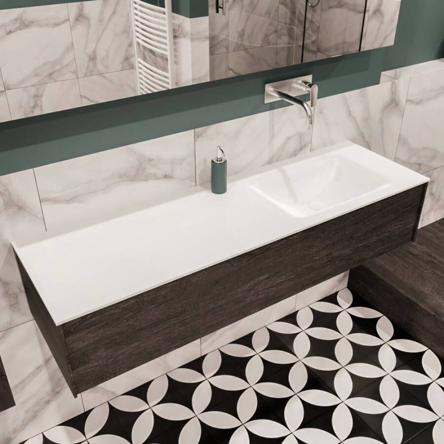 Zaro Lush onderkast 150cm in kleur DARK BROWN met 1 lade Push tot open geschikt voor rechtse wastafel. Compleet met solid surface wastafel cloud M35218met 0 kraangat(en)