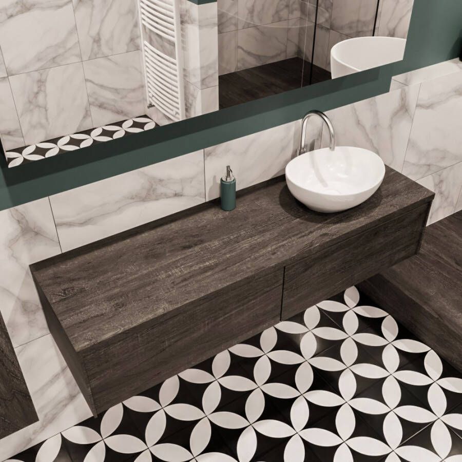 Zaro Lush onderkast met topblad 150cm in kleur DARK BROWN met 2 lades Push tot open geschikt voor rechtse wastafel. Met ovale keramische opzetkom met 1 kraangat(en) in het topblad - Foto 2