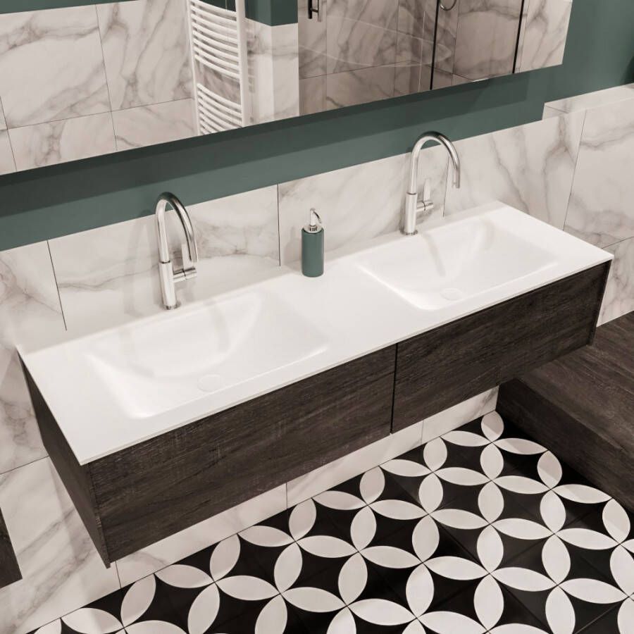 Zaro Lush onderkast 150cm in kleur DARK BROWN met 2 lades Push tot open geschikt voor dubbele wastafel. Compleet met solid surface wastafel cloud M35219met 2 kraangat(en)