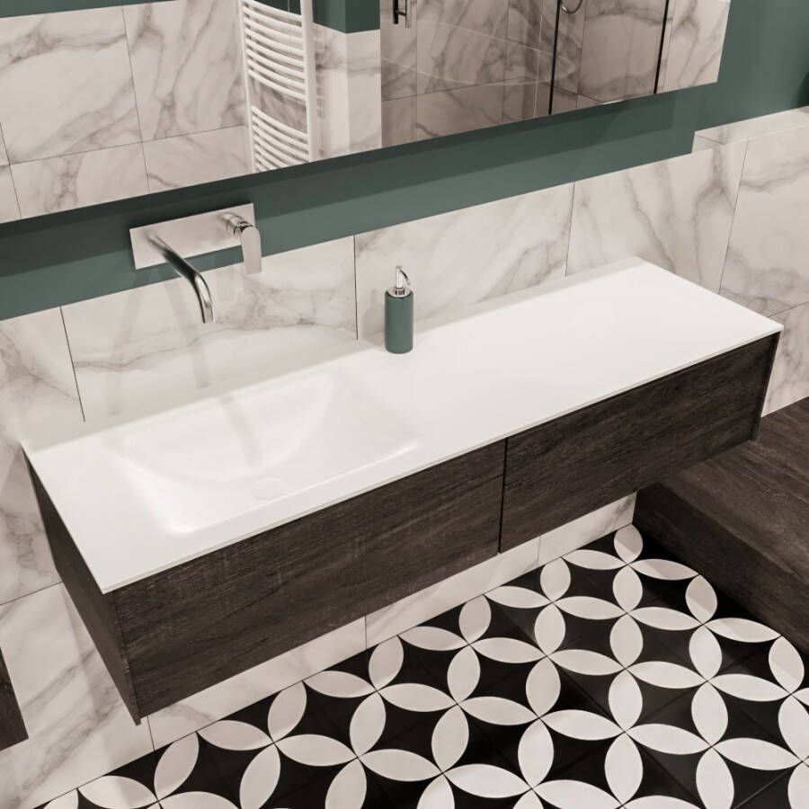 Zaro Lush onderkast 150cm in kleur DARK BROWN met 2 lades Push tot open geschikt voor linkse wastafel. Compleet met solid surface wastafel cloud M35217met 0 kraangat(en)