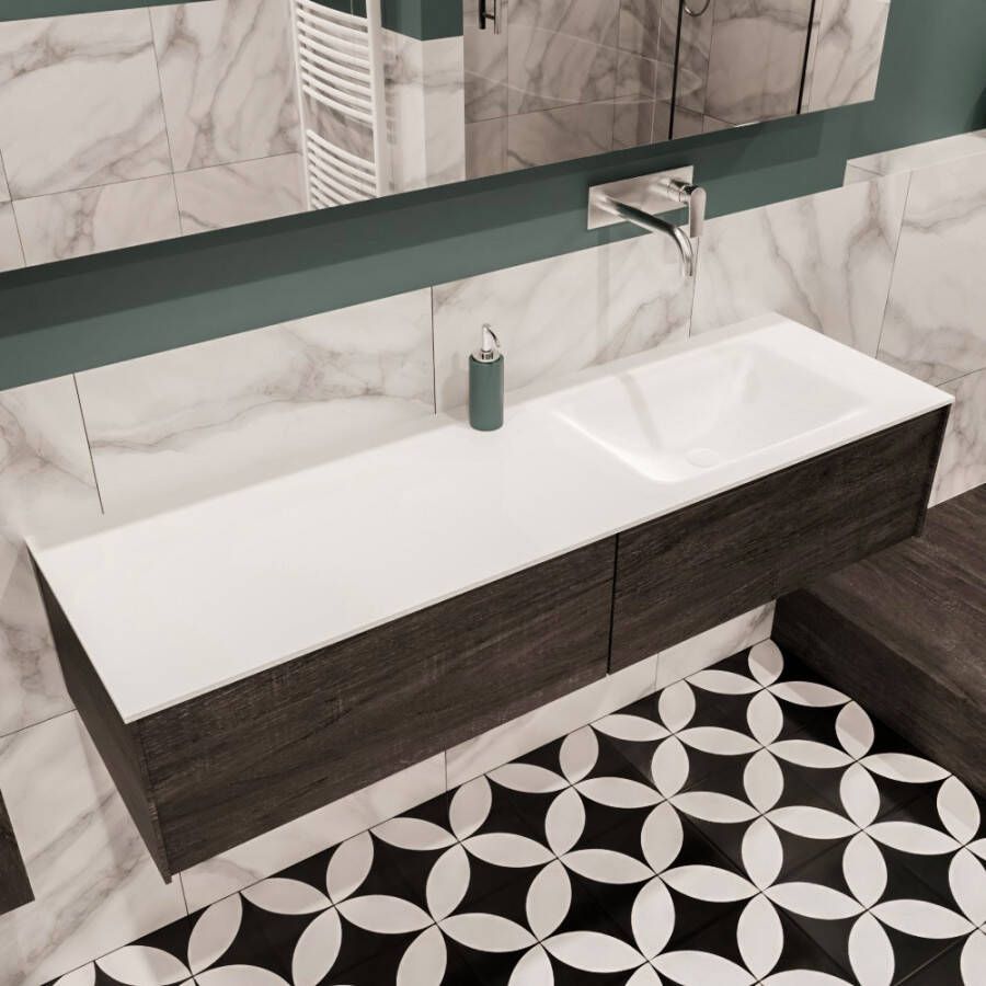 Zaro Lush onderkast 150cm in kleur DARK BROWN met 2 lades Push tot open geschikt voor rechtse wastafel. Compleet met solid surface wastafel cloud M35218met 0 kraangat(en)