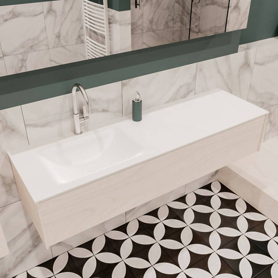 Zaro Lush onderkast 150cm in kleur UNDERLAYMENT met 1 lade Push tot open geschikt voor linkse wastafel. Compleet met solid surface wastafel cloud M35217met 1 kraangat(en)