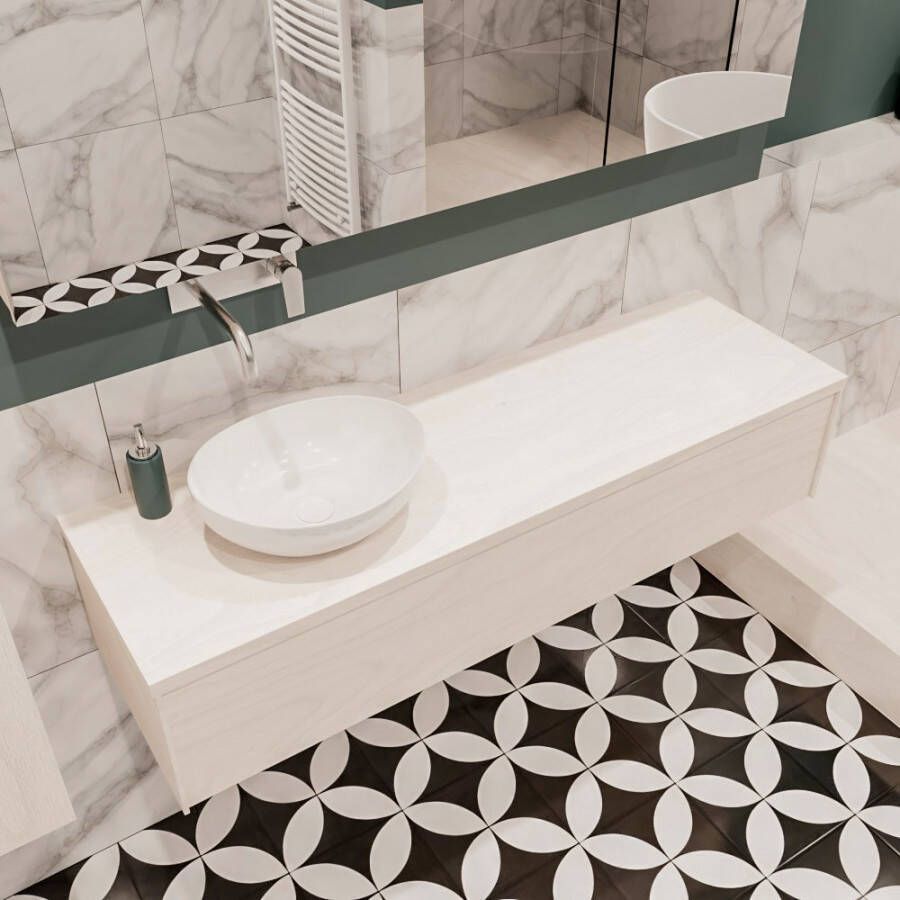 Zaro Lush onderkast met topblad 150cm in kleur UNDERLAYMENT met 1 lades Push tot open geschikt voor linkse wastafel. Met ovale keramische opzetkom met 0 kraangat(en) in het topblad - Foto 2