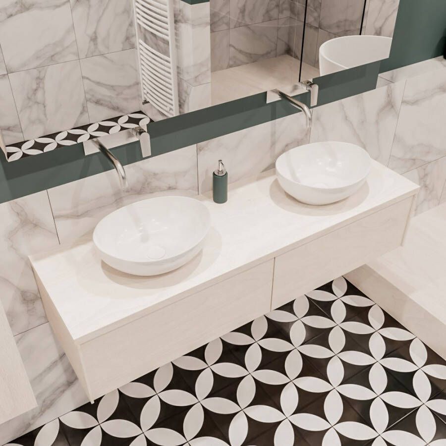 Zaro Lush onderkast met topblad 150cm in kleur UNDERLAYMENT met 2 lades Push tot open geschikt voor dubbele wastafel. Met ovale keramische opzetkom met 0 kraangat(en) in het topblad - Foto 2