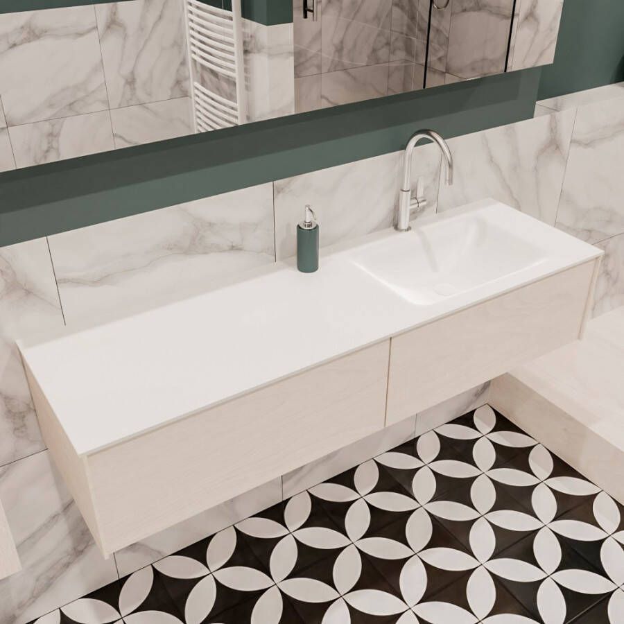 Zaro Lush onderkast 150cm in kleur UNDERLAYMENT met 2 lades Push tot open geschikt voor rechtse wastafel. Compleet met solid surface wastafel cloud M35218met 1 kraangat(en)