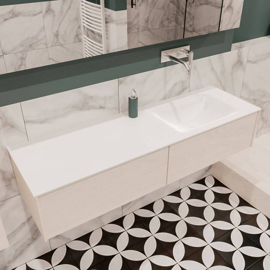 Zaro Lush onderkast 150cm in kleur UNDERLAYMENT met 2 lades Push tot open geschikt voor rechtse wastafel. Compleet met solid surface wastafel cloud M35218met 0 kraangat(en)