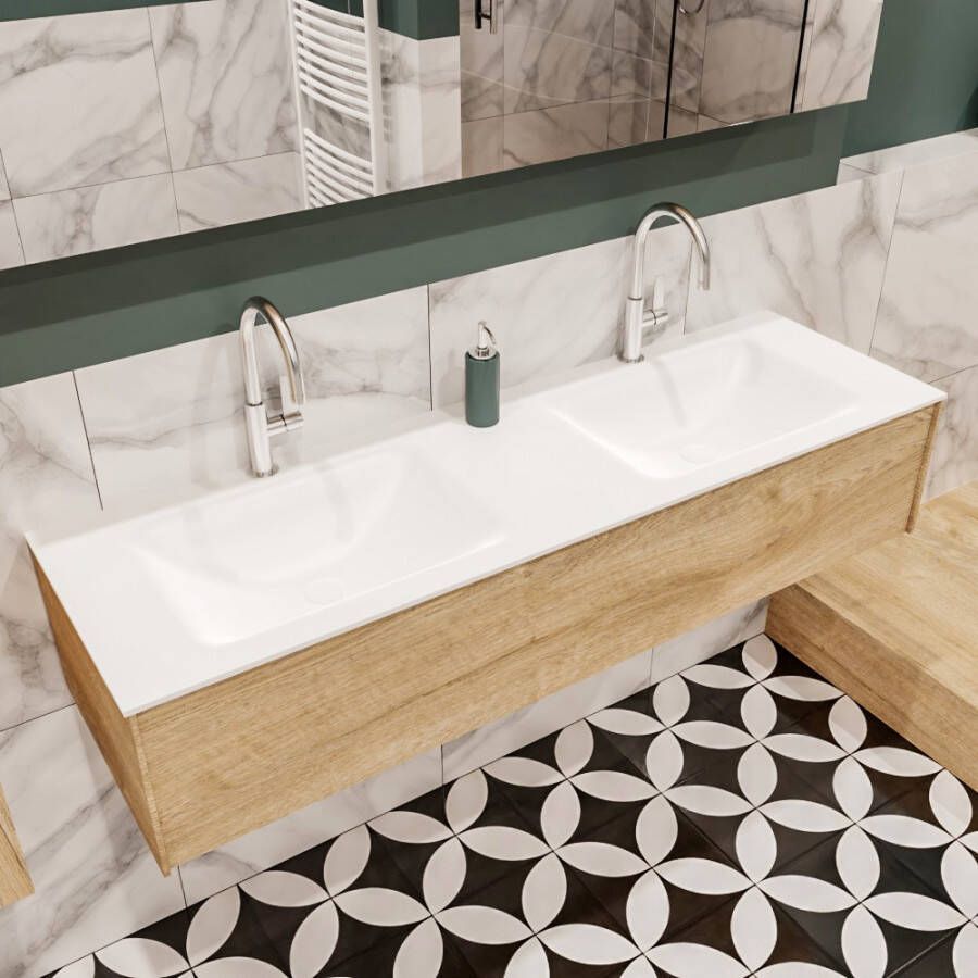 Zaro Lush onderkast 150cm in kleur WASHED OAK met 1 lade Push tot open geschikt voor dubbele wastafel. Compleet met solid surface wastafel cloud M35219met 2 kraangat(en)