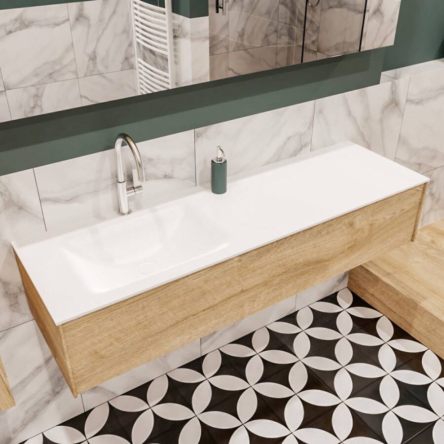 Zaro Lush onderkast 150cm in kleur WASHED OAK met 1 lade Push tot open geschikt voor linkse wastafel. Compleet met solid surface wastafel cloud M35217met 1 kraangat(en)