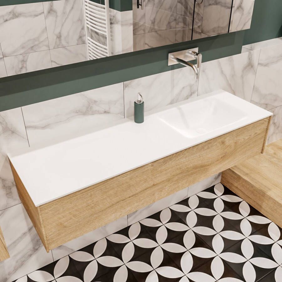 Zaro Lush onderkast 150cm in kleur WASHED OAK met 1 lade Push tot open geschikt voor rechtse wastafel. Compleet met solid surface wastafel cloud M35218met 0 kraangat(en)