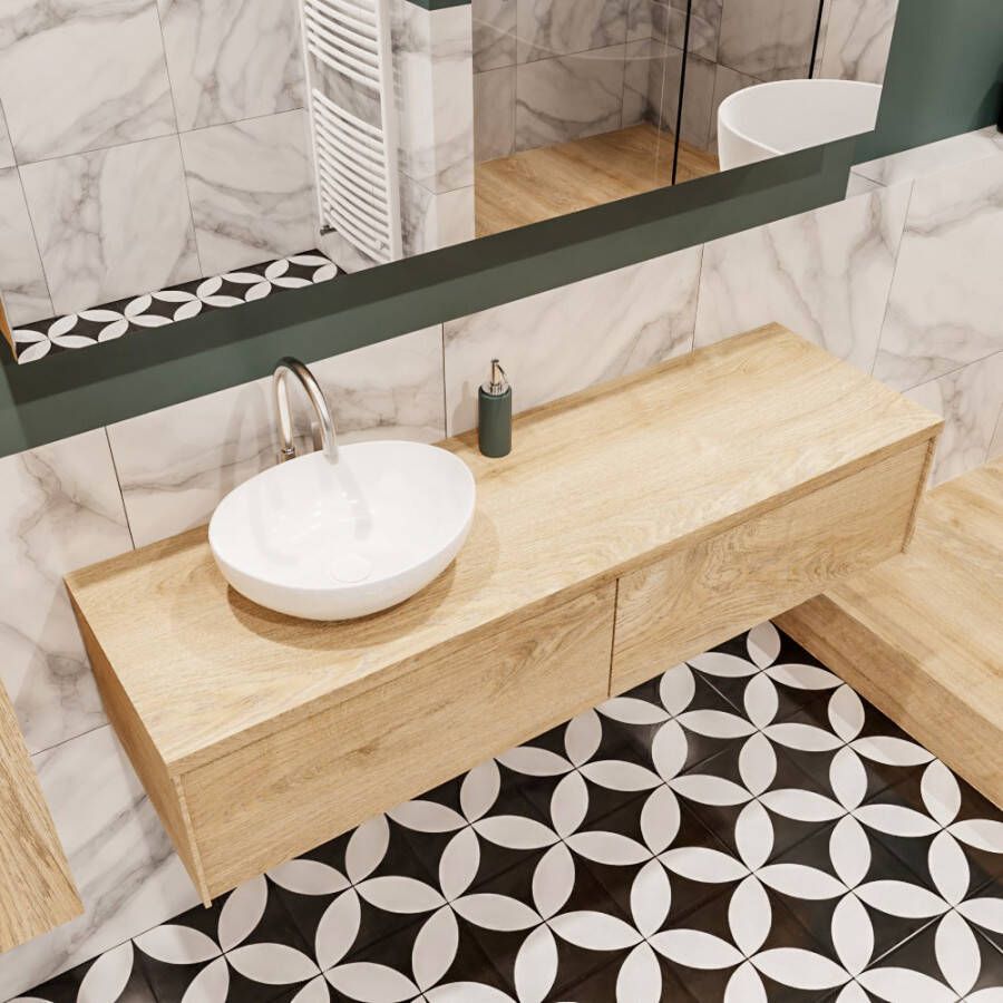 Zaro Lush onderkast met topblad 150cm in kleur WASHED OAK met 2 lades Push tot open geschikt voor linkse wastafel. Met ovale keramische opzetkom met 1 kraangat(en) in het topblad - Foto 2
