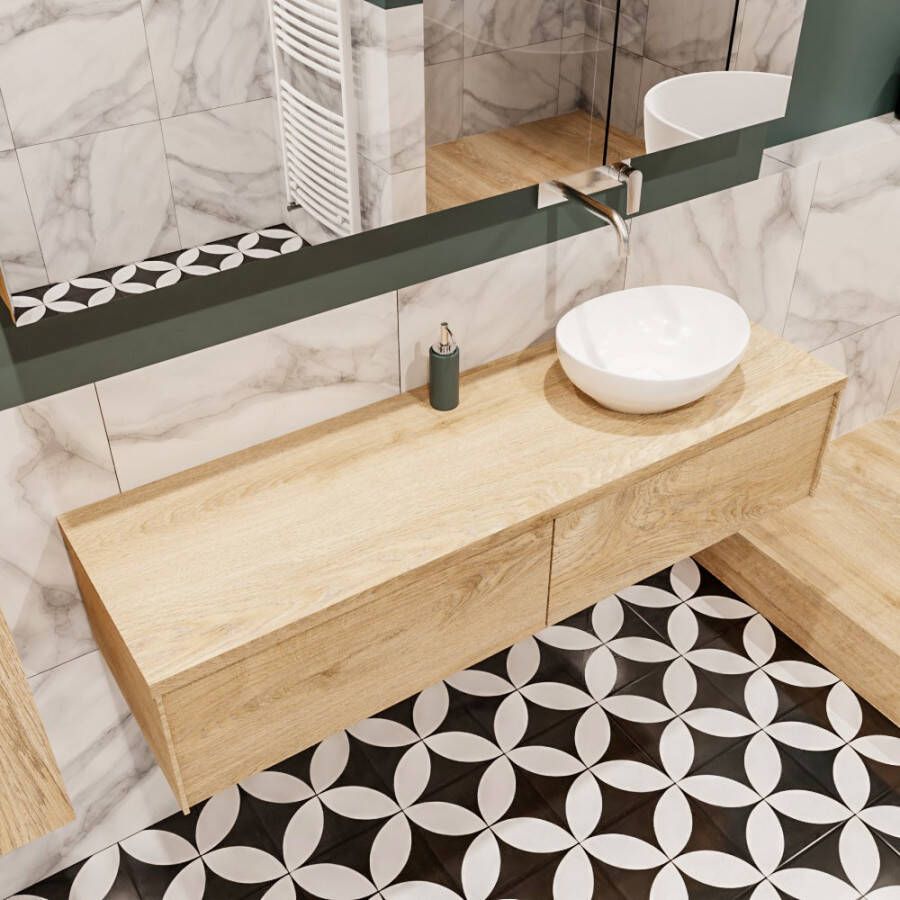 Zaro Lush onderkast met topblad 150cm in kleur WASHED OAK met 2 lades Push tot open geschikt voor rechtse wastafel. Met ovale keramische opzetkom met 0 kraangat(en) in het topblad - Foto 2