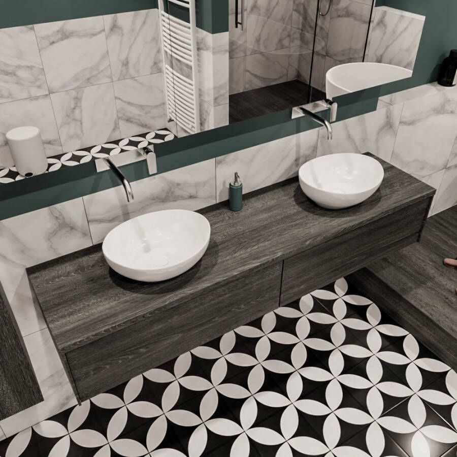 Zaro Lush onderkast met topblad 180cm in kleur ANTRACITE met 2 lades Push tot open geschikt voor dubbele wastafel. Met ovale keramische opzetkom met 0 kraangat(en) in het topblad