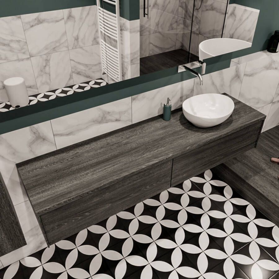 Zaro Lush onderkast met topblad 180cm in kleur ANTRACITE met 2 lades Push tot open geschikt voor rechtse wastafel. Met ovale keramische opzetkom met 0 kraangat(en) in het topblad - Foto 2