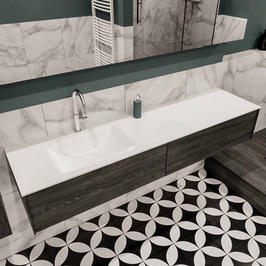 Zaro Lush onderkast 180cm in kleur ANTRACITE met 2 lades Push tot open geschikt voor linkse wastafel. Compleet met solid surface wastafel cloud M63021met 1 kraangat(en)