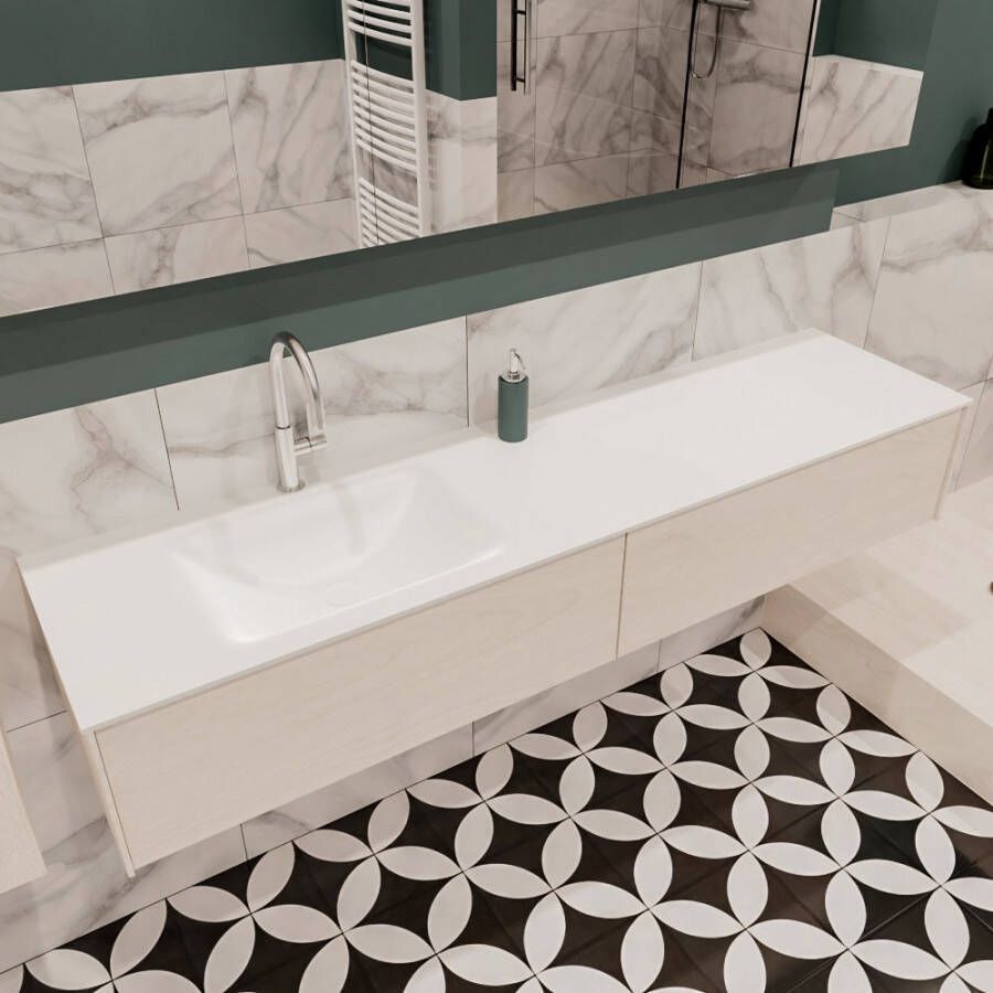 Zaro Lush onderkast 180cm in kleur UNDERLAYMENT met 2 lades Push tot open geschikt voor linkse wastafel. Compleet met solid surface wastafel cloud M63021met 1 kraangat(en)