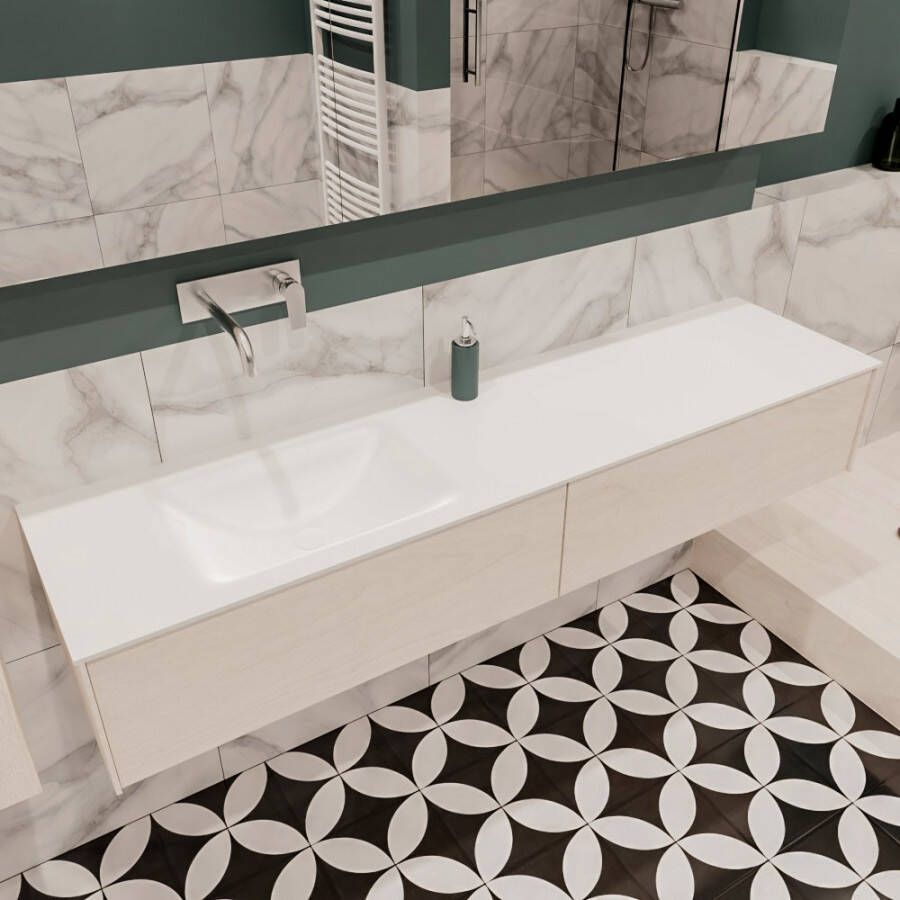 Zaro Lush onderkast 180cm in kleur UNDERLAYMENT met 2 lades Push tot open geschikt voor linkse wastafel. Compleet met solid surface wastafel cloud M63021met 0 kraangat(en)
