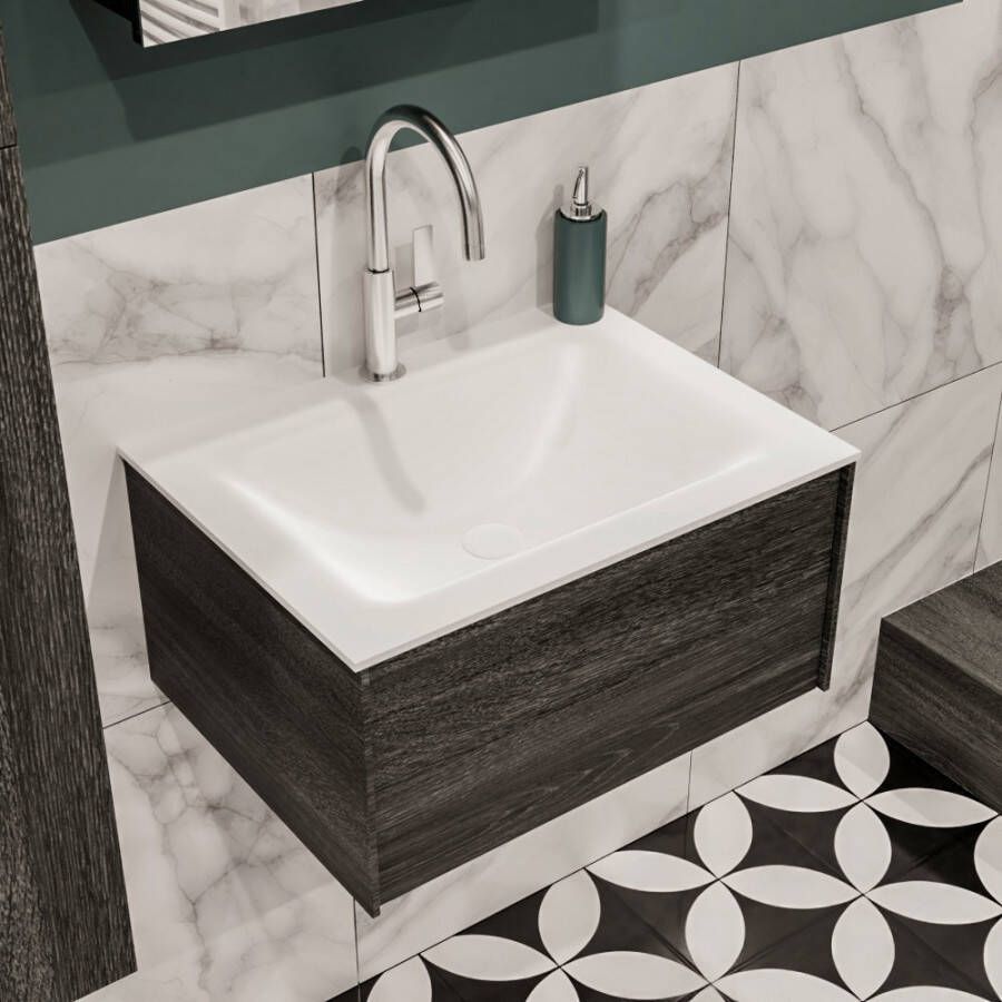 Zaro Lush onderkast 60cm in kleur ANTRACITE met 1 lade Push tot open geschikt voor gecentreerde wastafel. Compleet met solid surface wastafel cloud M35111met 1 kraangat(en)