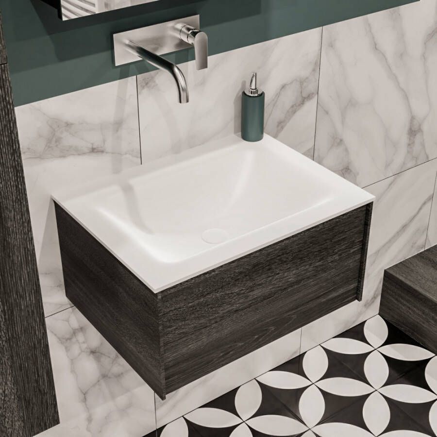 Zaro Lush onderkast 60cm in kleur ANTRACITE met 1 lade Push tot open geschikt voor gecentreerde wastafel. Compleet met solid surface wastafel cloud M35111met 0 kraangat(en)
