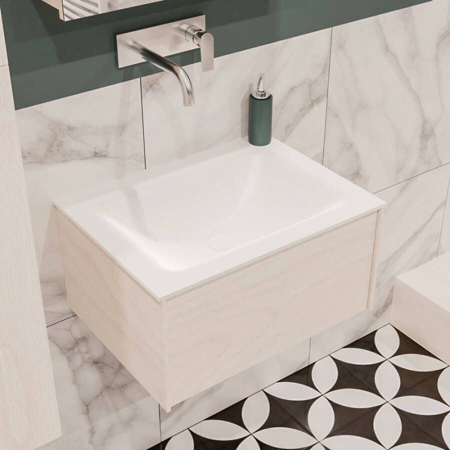 Zaro Lush onderkast 60cm in kleur UNDERLAYMENT met 1 lade Push tot open geschikt voor gecentreerde wastafel. Compleet met solid surface wastafel cloud M35111met 0 kraangat(en)