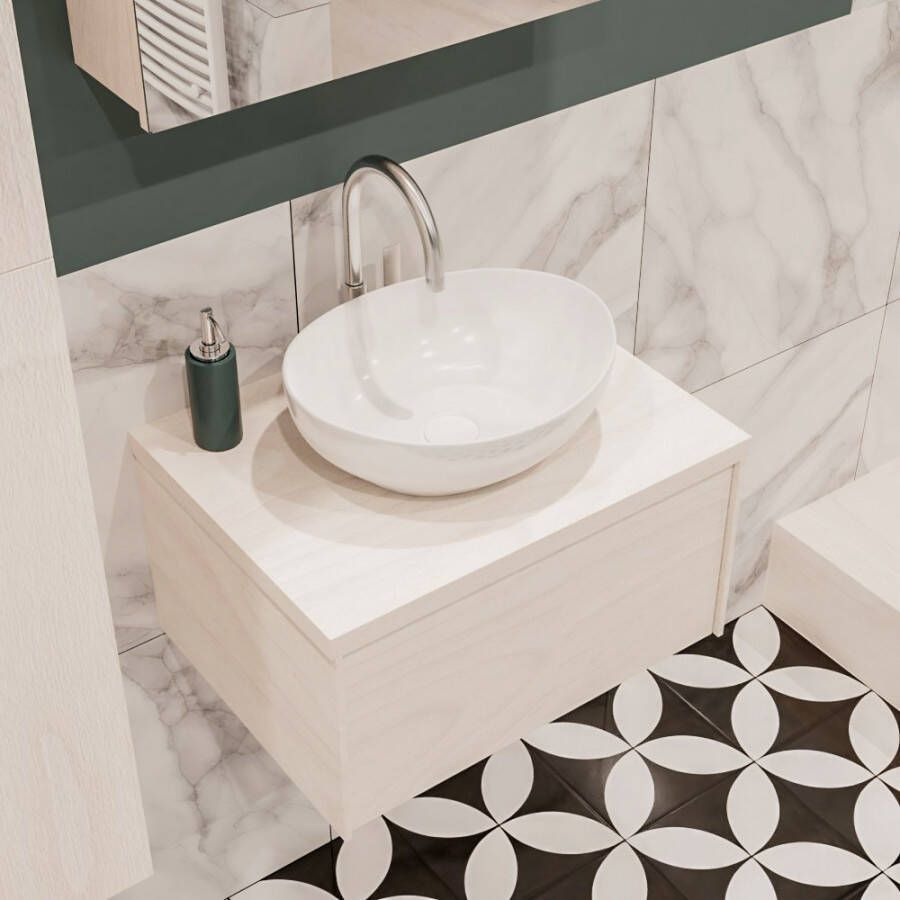 Zaro Lush onderkast met 30mm massief topblad 60cm in kleur UNDERLAYMENT met 1 lades Push tot open geschikt voor gecentreerde wastafel. Met ovale keramische opzetkom met 1 kraangat(en) in het topblad - Foto 2