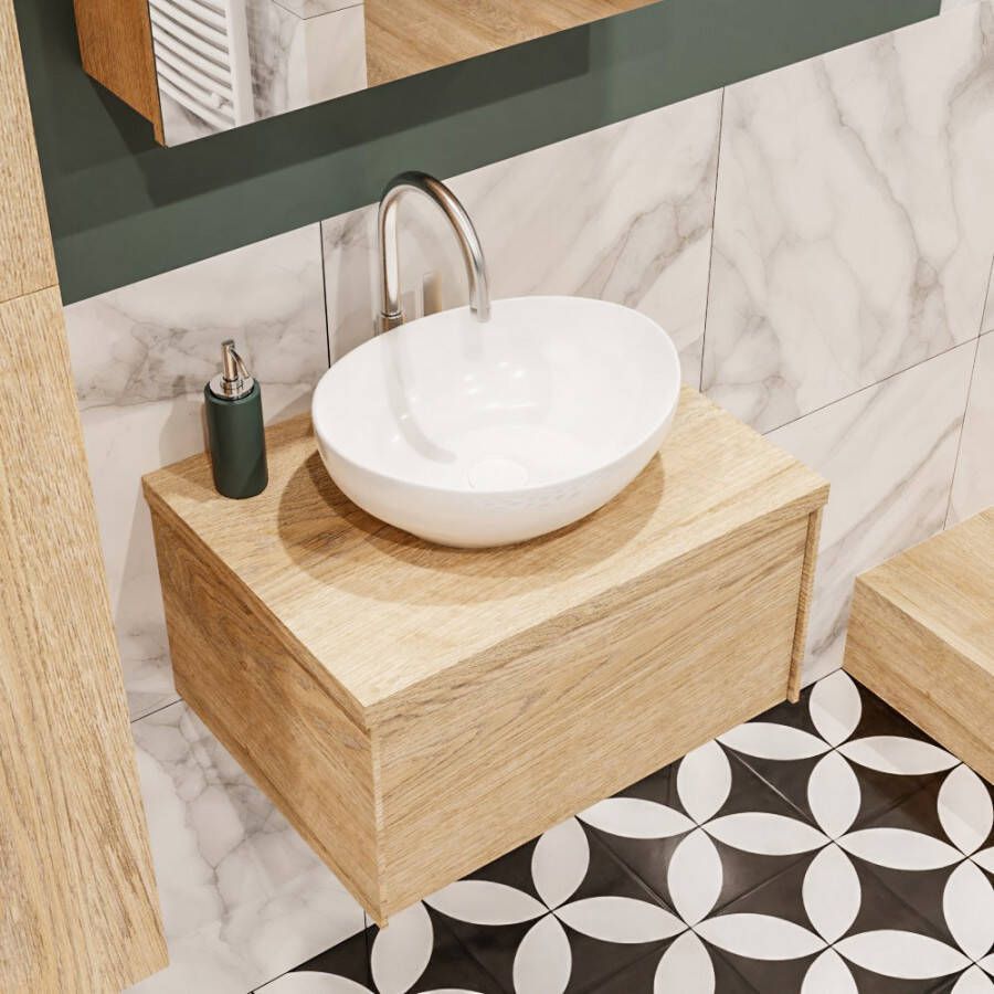 Zaro Lush onderkast met 30mm massief topblad 60cm in kleur WASHED OAK met 1 lades Push tot open geschikt voor gecentreerde wastafel. Met ovale keramische opzetkom met 1 kraangat(en) in het topblad