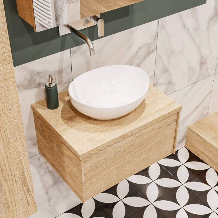 Zaro Lush onderkast met topblad 60cm in kleur WASHED OAK met 1 lades Push tot open geschikt voor gecentreerde wastafel. Met ovale keramische opzetkom met 0 kraangat(en) in het topblad