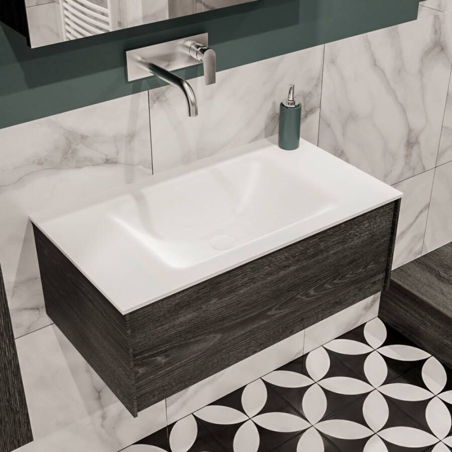 Zaro Lush onderkast 80cm in kleur ANTRACITE met 1 lade Push tot open geschikt voor gecentreerde wastafel. Compleet met solid surface wastafel cloud M35117met 0 kraangat(en)