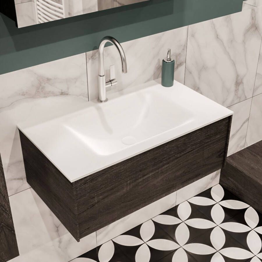 Zaro Lush onderkast 80cm in kleur DARK BROWN met 1 lade Push tot open geschikt voor gecentreerde wastafel. Compleet met solid surface wastafel cloud M35117met 1 kraangat(en) - Foto 2