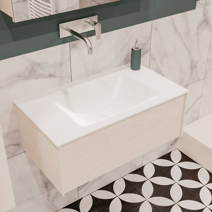 Zaro Lush onderkast 80cm in kleur UNDERLAYMENT met 1 lade Push tot open geschikt voor gecentreerde wastafel. Compleet met solid surface wastafel cloud M35117met 0 kraangat(en) - Foto 2