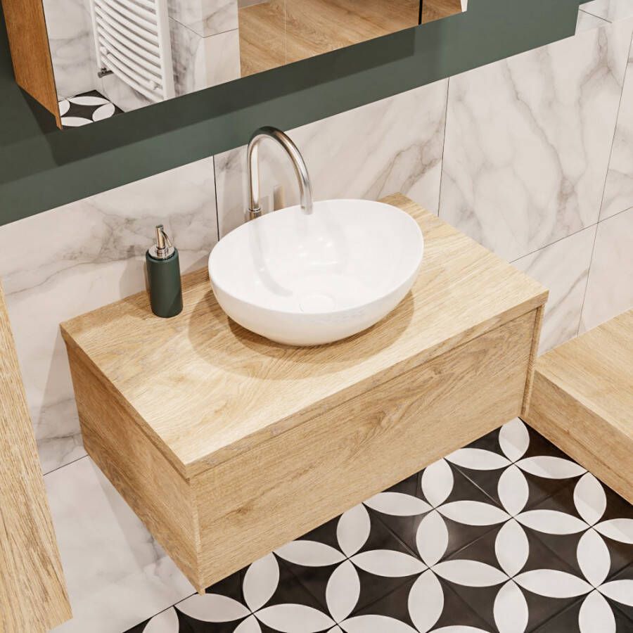 Zaro Lush onderkast met topblad 80cm in kleur WASHED OAK met 1 lades Push tot open geschikt voor gecentreerde wastafel. Met ovale keramische opzetkom met 1 kraangat(en) in het topblad