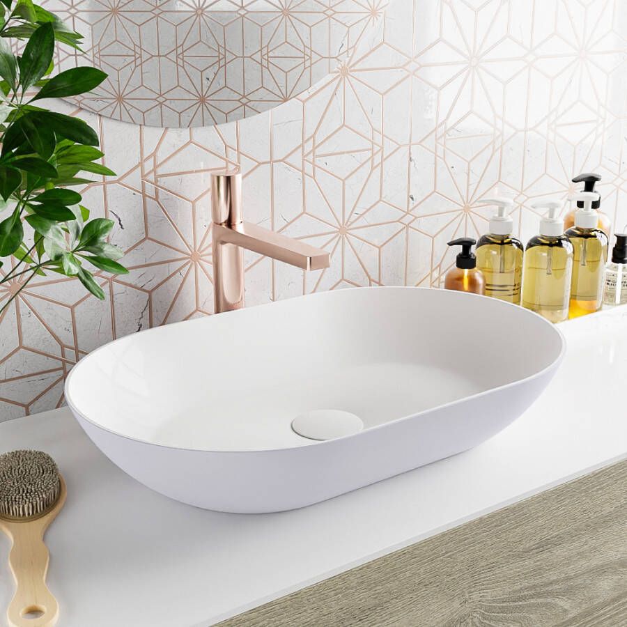 Mondiaz Onni Waskom 55x35x10cm ovaal opbouw Solid Surface Cale Talc M80178CaleTalc