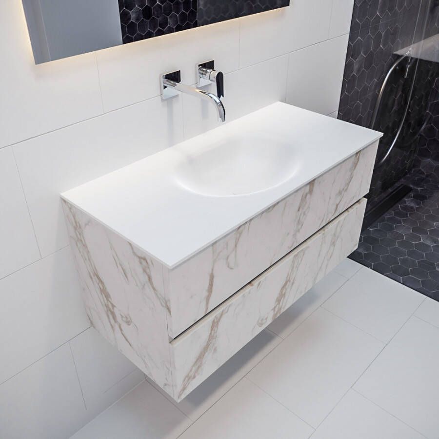 Mondiaz Vica 100cm badmeubel carrara 2 lades wastafel Moon midden zonder kraangat