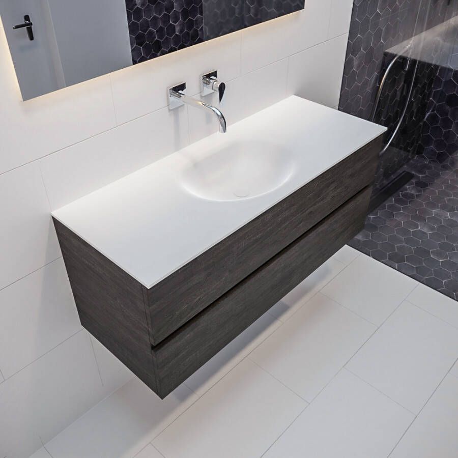 Mondiaz Vica 120 badmeubel dark brown 2 lades wastafel Moon midden zonder kraangat