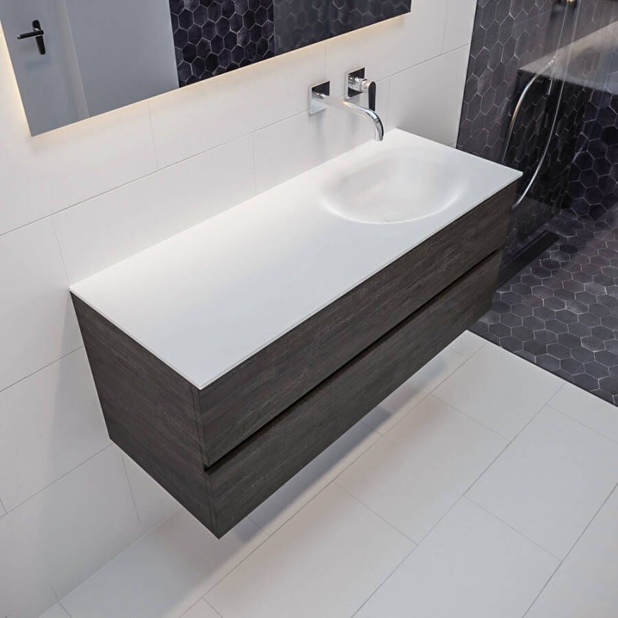 Mondiaz Vica 120 badmeubel dark brown 2 lades wastafel Moon rechts zonder kraangat