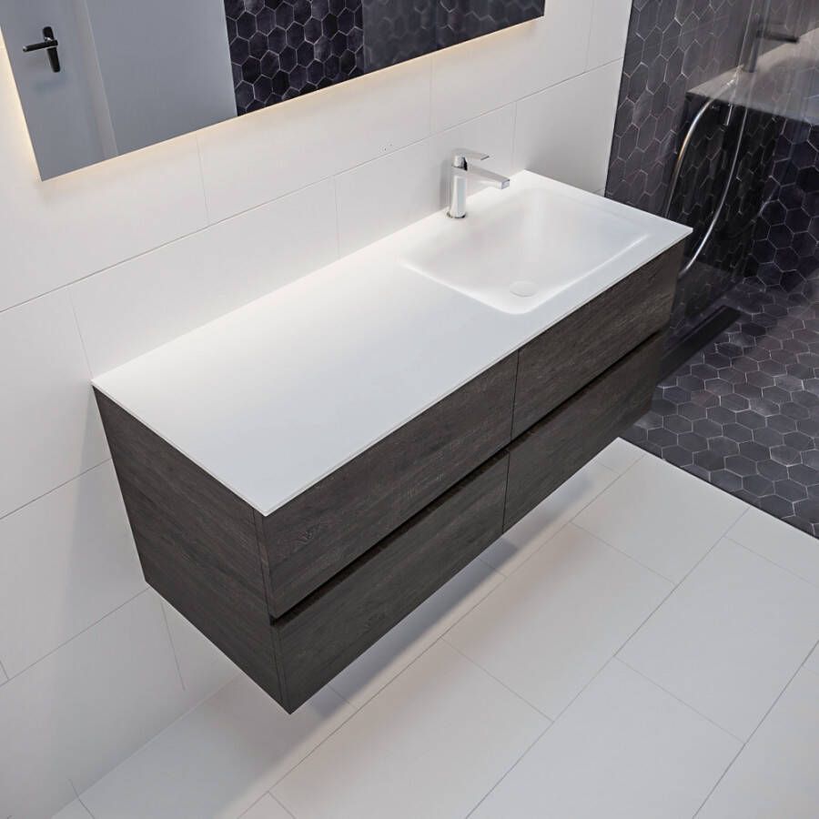Mondiaz VICA Badkamermeubelset 120cm 4 lades wasbak Cloud rechts 1 kraangat solid surface dark brown PC75341284