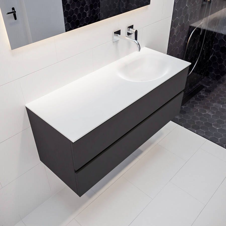 Mondiaz Vica 120 badmeubel dark grey 2 lades wastafel Moon rechts zonder kraangat