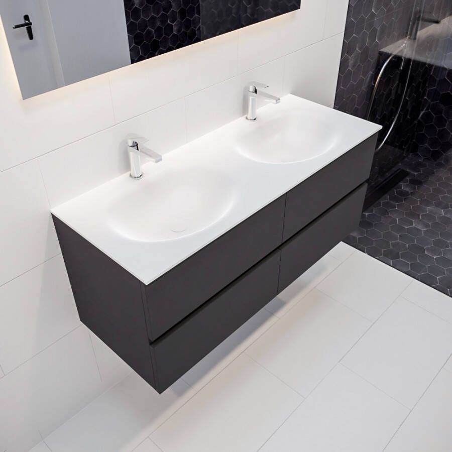 Mondiaz VICA Badkamermeubelset 120cm 4 lades wasbak Moon dubbel 2 kraangaten solid surface darkgrey PC75341115