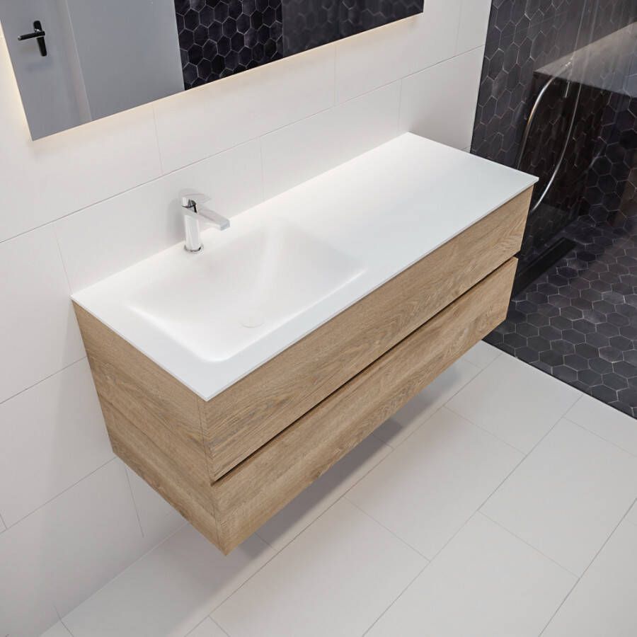 Mondiaz Vica 120 badmeubel washed oak 2 lades wastafel Cloud links 1 kraangat