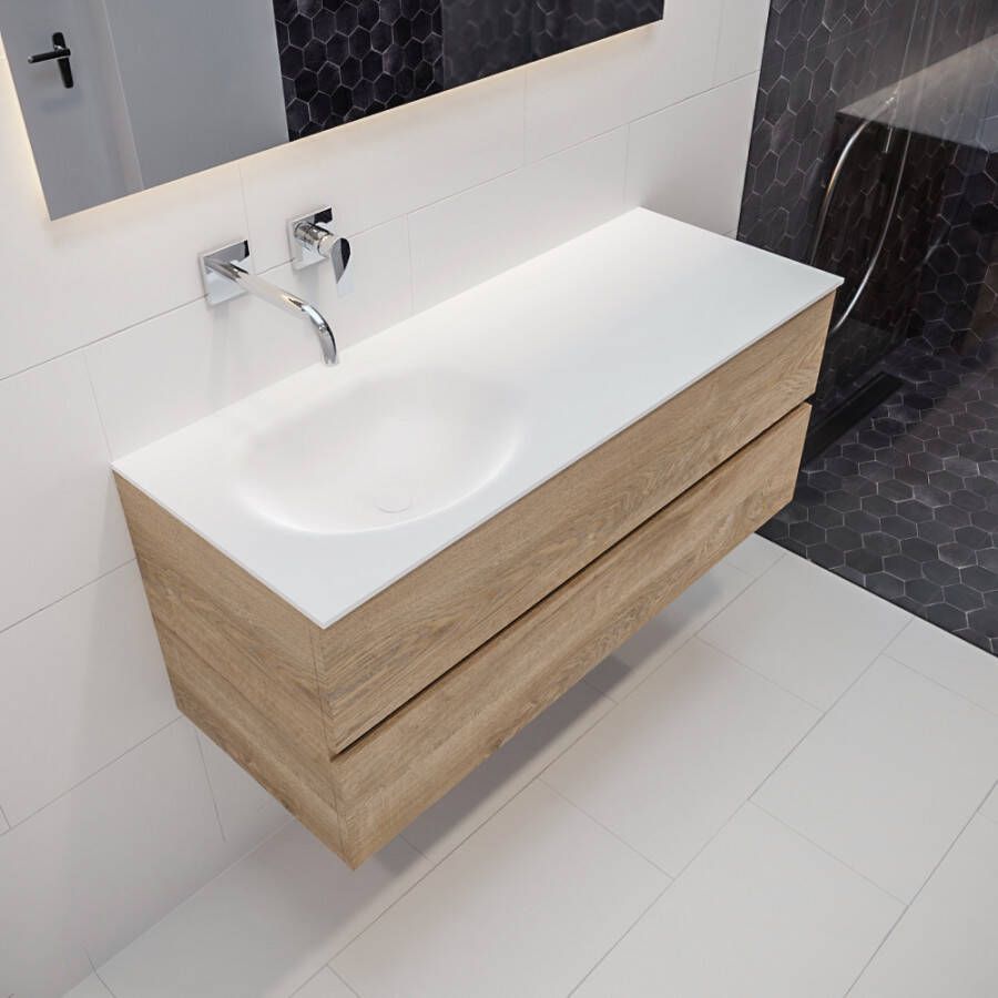 Mondiaz Vica 120 badmeubel washed oak 2 lades wastafel Moon links zonder kraangat