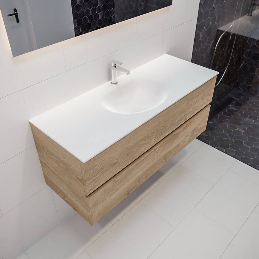 Mondiaz Vica 120 badmeubel washed oak 2 lades wastafel Moon midden 1 kraangat