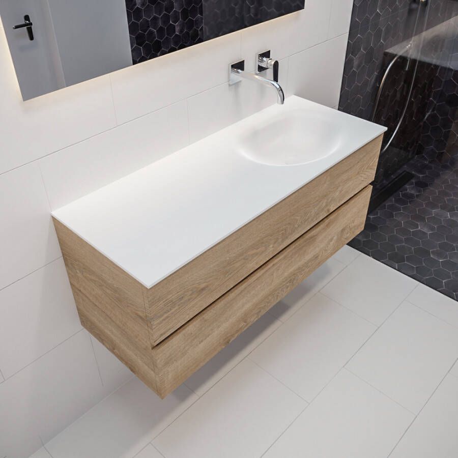 Mondiaz Vica 120 badmeubel washed oak 2 lades wastafel Moon rechts zonder kraangat