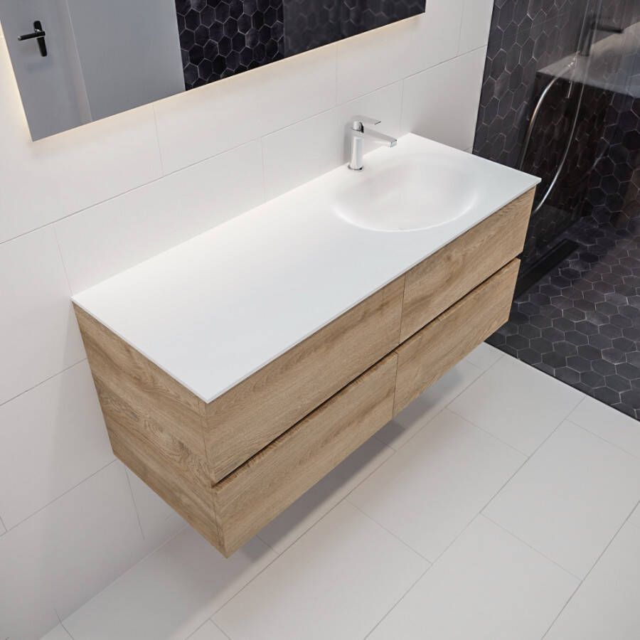 Mondiaz VICA Badkamermeubelset 120cm 4 lades wasbak Moon rechts 1 kraangat solid surface washed oak PC75341278 - Foto 1