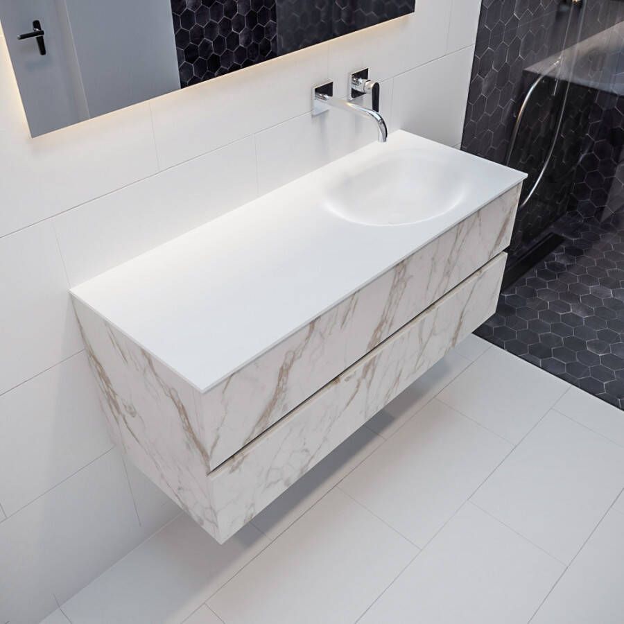 Mondiaz Vica 120cm badmeubel carrara 2 lades wastafel Moon rechts zonder kraangat