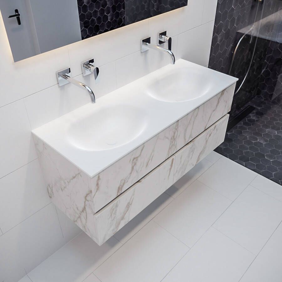Mondiaz VICA Badkamermeubelset 120cm 4 lades wasbak Moon dubbel 0 kraangaten solid surface carrara marmer PC75341609