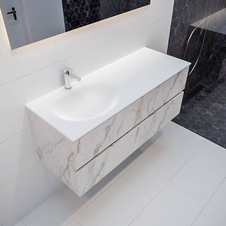 Mondiaz VICA Badkamermeubelset 120cm 4 lades wasbak Moon links 1 kraangat solid surface carrara marmer PC75341610