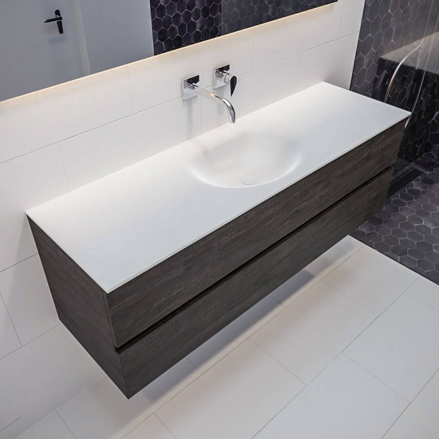 Mondiaz Vica 150 badmeubel dark brown 2 lades wastafel Moon midden zonder kraangat